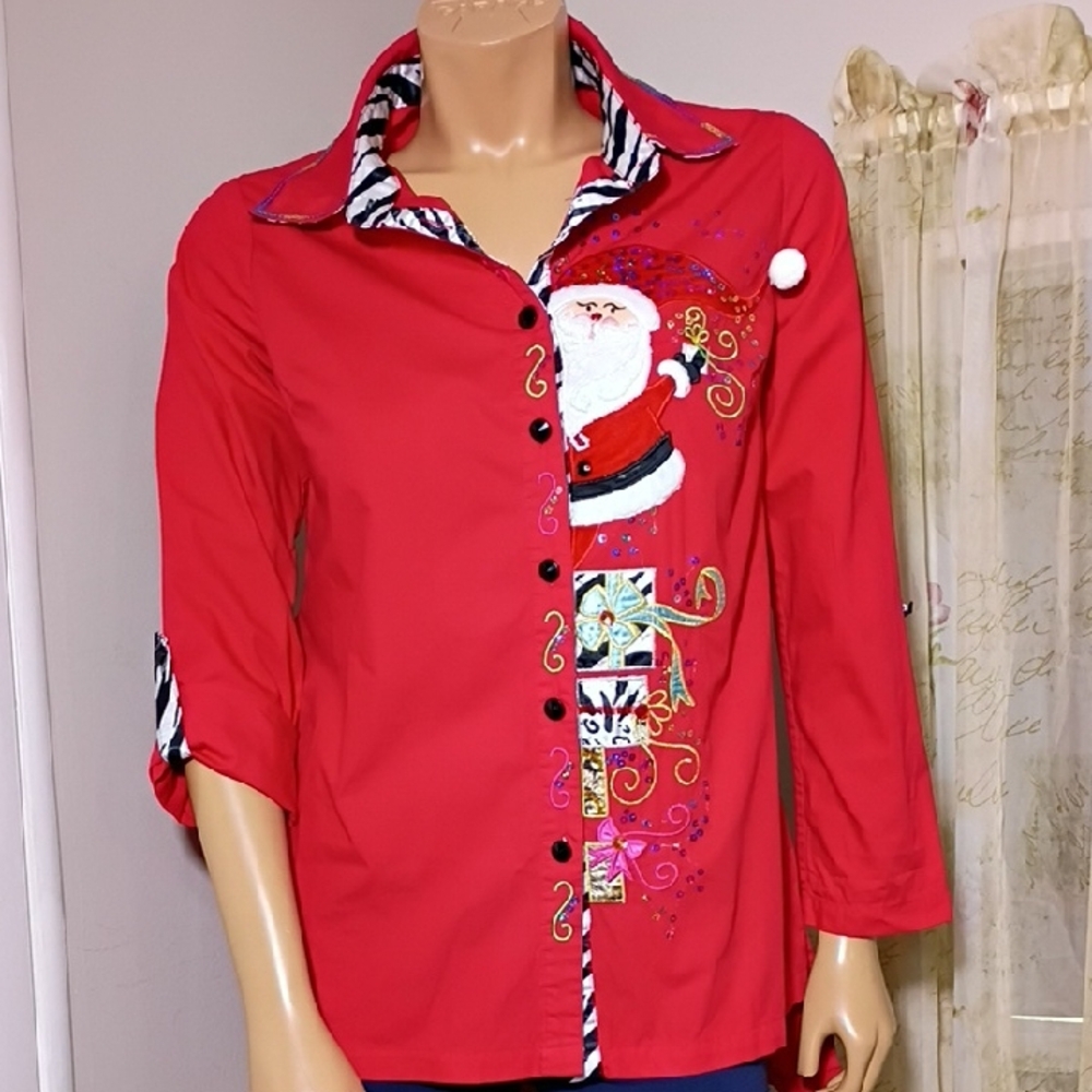 Jack B. Quick Festive Red Santa Button-Up Shirt Size S‎
